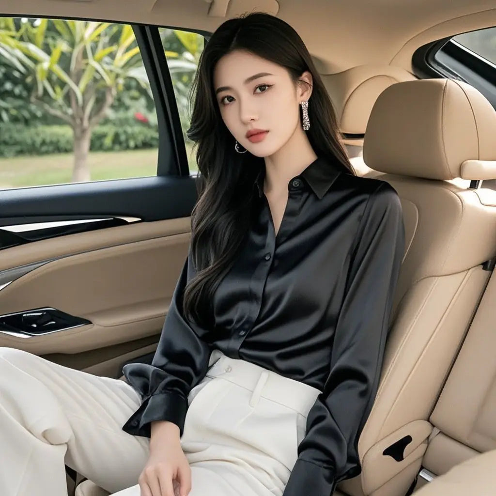 Elegant Silk Office Shirts Women Korean Fashion Y2k Clothes Slim Long Sleeve White Black Blusas Mujer Workwear Tops and Blouses