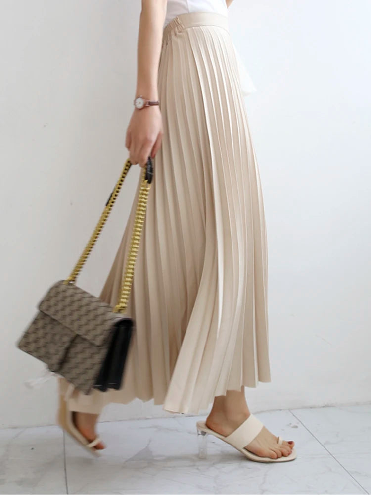 Brand Designer Women Spring Autumn Elegant Chic Solid Pleated Skirt High Waist Luxury Fashion With Elastic Female C-035.