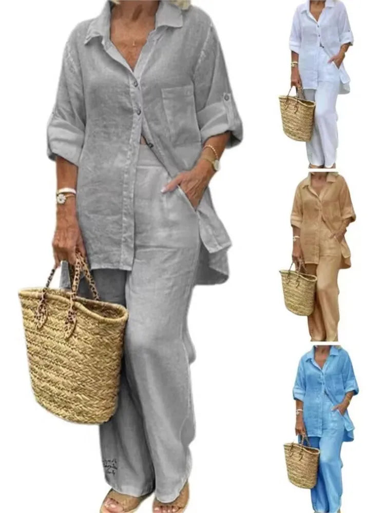 Elegant Solid Cotton Linen Shirt 2 Piece Set For Women Casual Outfits Autumn Long Sleeve Pocket Top Wide Leg Pants Suits Female.