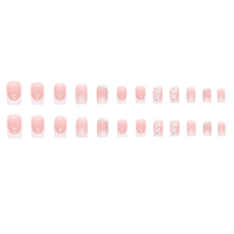 24 PCs Short French Simple Flower Pile Drill Nails with 1 Jelly Glue and 1 Nail File.