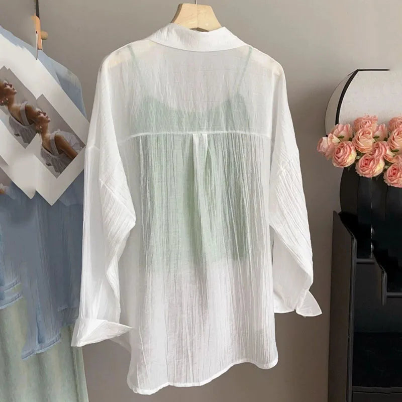 Women's Summer Sun Protection Shirts Casual Loose with Pocket Chiffon Blouses Female Korean Chic Thin Breathable Slimming Shirt.