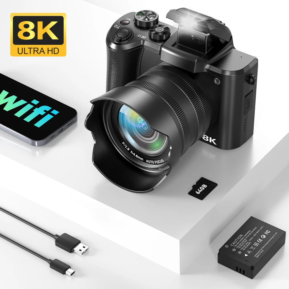 8K Digital Camera for Photography, Front And Rear Dual lens Vlogging Camera with Autofocus, WiFi Touchscreen 16X Digital Zoom.