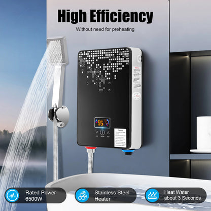 6500W 220V Electric Instant Hot Water Heater  Shower Bathroom Faucets Kitchen Tap Digital Display Temperature Automatic