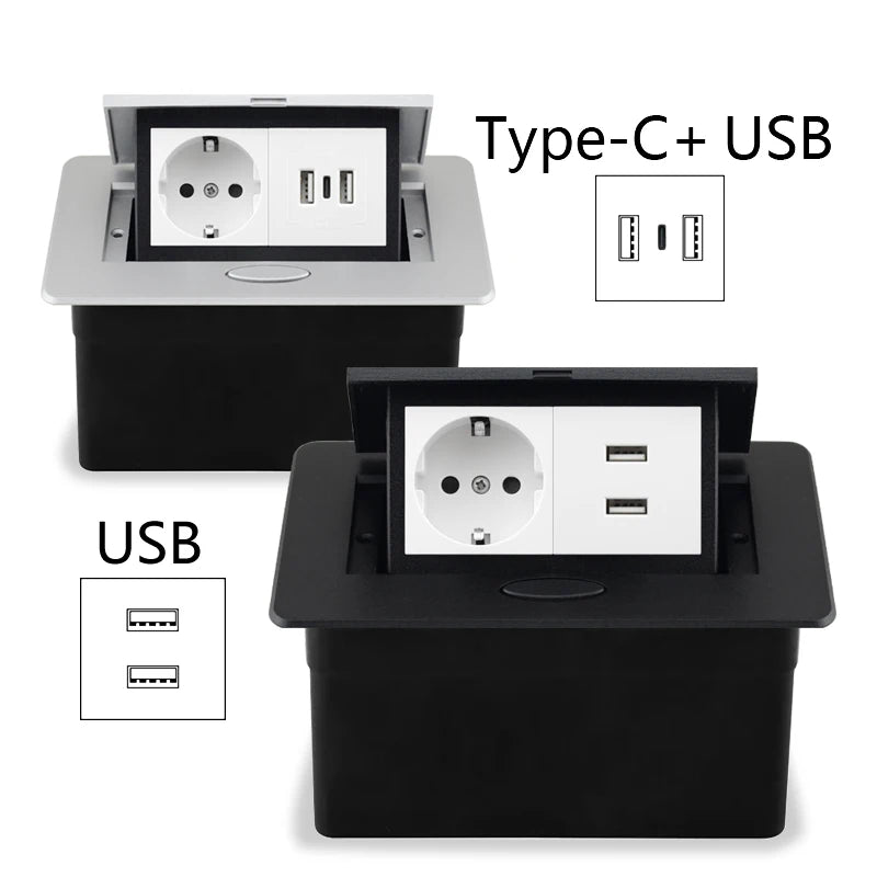 Tischsteckdose EU-Steckdose mit USB-Typ-C-Buchse im Theke Pop-Up-Buchse Desktop-Buchse Aluminiumabdeckung verdeckte Steckdose.