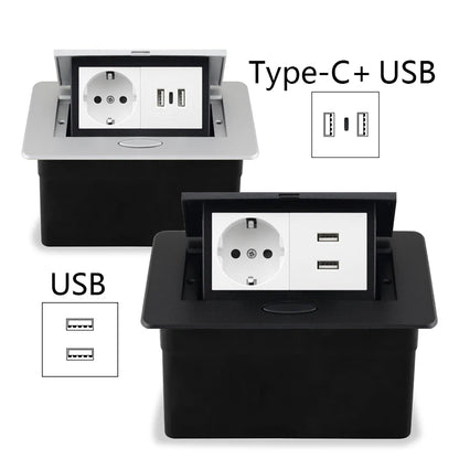 Tischsteckdose EU-Steckdose mit USB-Typ-C-Buchse im Theke Pop-Up-Buchse Desktop-Buchse Aluminiumabdeckung verdeckte Steckdose.