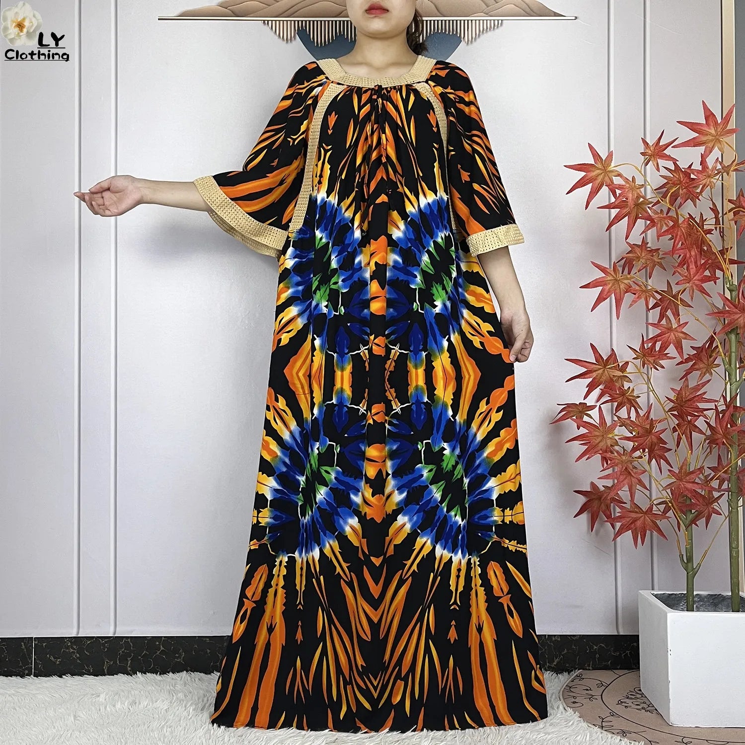 New Muslim Dress Woman Short Sleeve Dashiki African Abaya Tie-dyed Printing Cotton Loose Femme Robe Islamic Dresses With Scarf.