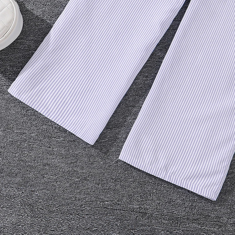 Spring Hot Sale Kids Outfit 4-12 Years Girls Striped Long Sleeve Chemise + Casual Loose Straight Leg Pants Shirt Suit 2Pcs Set.