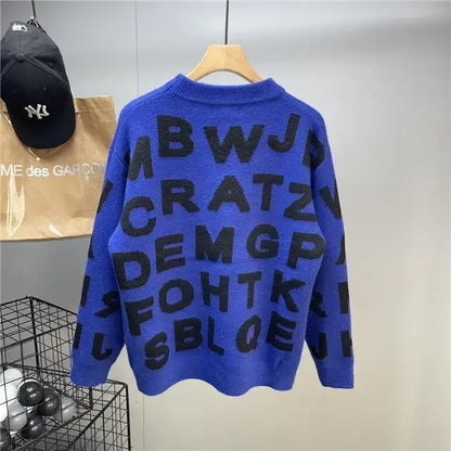 Sweater Men's Clothing Winter Full-print Letter Jacquard Loose Thickened Design Round Neck Top Trendy American Style Sweater.