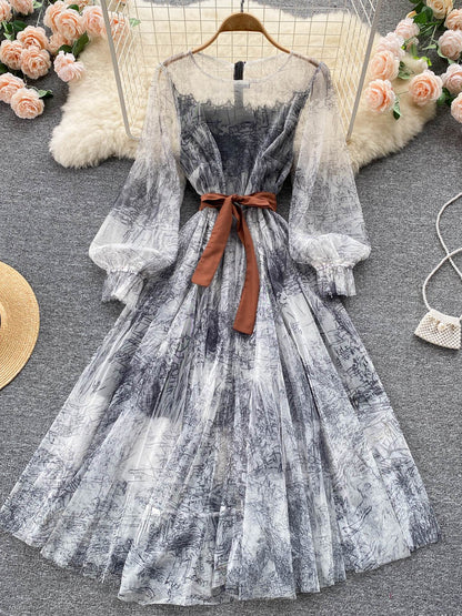Elegante Frauen Mesh Kleid Vintage Laterne Ärmeln Gedruckt Party Kleider Frühling Sommer Patchwork A Line Bandage Strand Kleid.