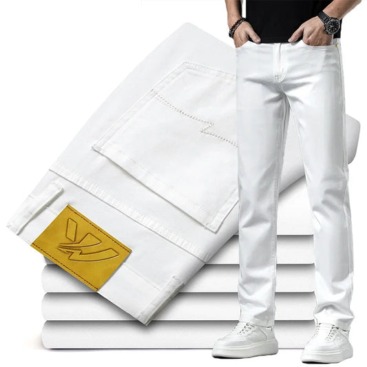 2024 New Summer Thin Men's Straight Denim Cotton Stretch Creamy-white Jeans Classic Business Pants Fashion Trousers Male Brand.