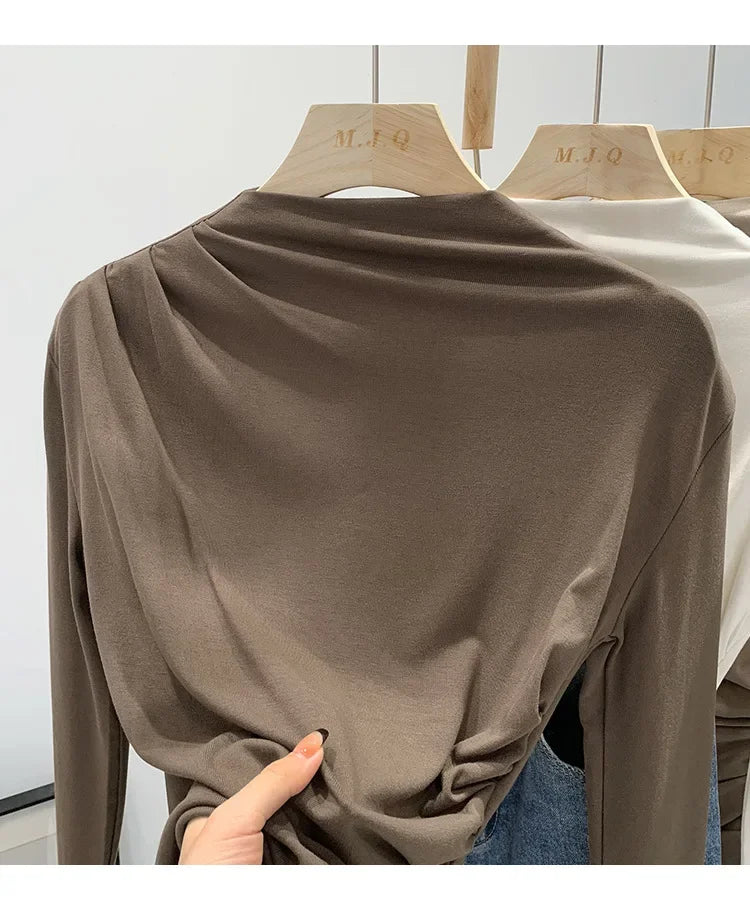 Early Autumn Pure Color High Neck Pleated Slim Fit Sexy Base Shirt Women's Fashionable Crew Neck T-shirt Full Sleeve China Origi.