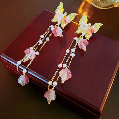 Pink Butterfly Earrings With Long Tassel Sparkly Zircon Crystal Imitation Pearl Beads Earrings Light Luxury Party Ear Jewelry