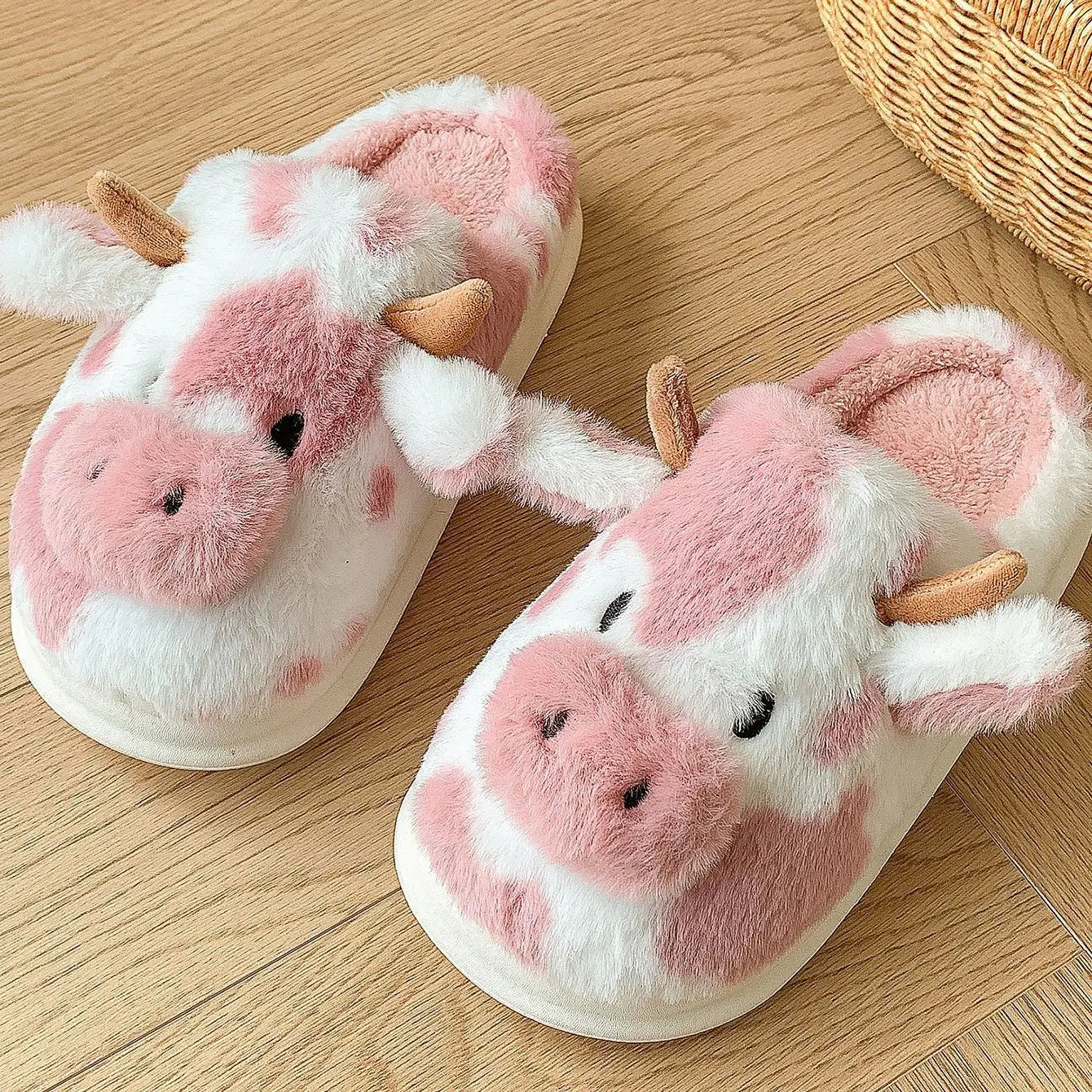 Shevalues Plush Cartoon Milk Cow Slippers Winter Women Slippers Furry Non-Slips Women Cotton Slides Couples Soft Cozy Flat Shoes
