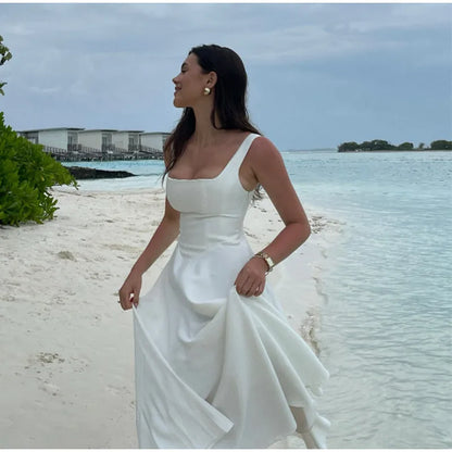 Schwarzes A-Linien-Langkleid für Damen, elegant, quadratischer Ausschnitt, plissiert, ärmellos, Sling-Maxikleider, 2025, Sommer-Dame, Urlaub, Party, Roben