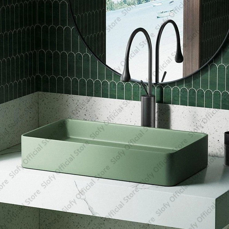 Grünes Haushalts-Hotel-Badezimmerwaschbecken, einfaches künstlerisches Keramik-Waschbecken über der Theke, Sockelwaschbecken, Balkon, Waschmaschine, Waschbecken