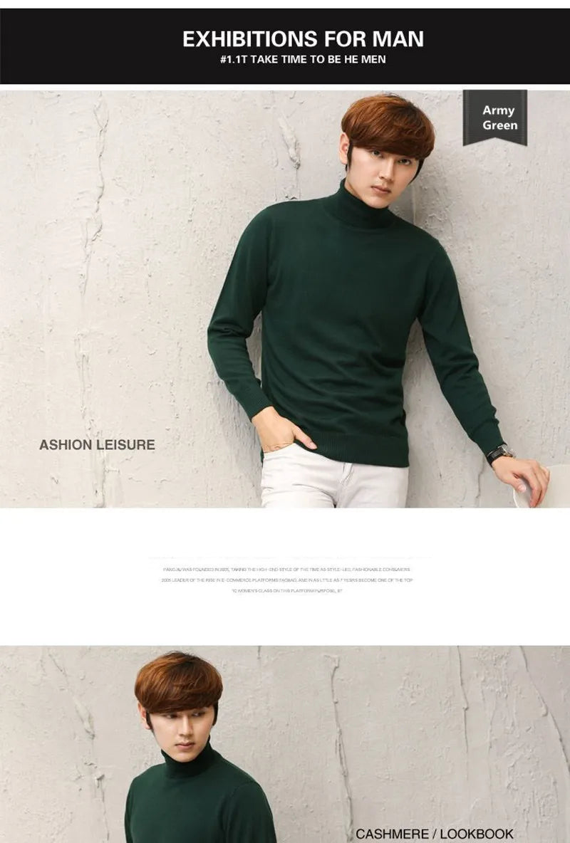 Cashmere Wool Solid Autumn Winter Men's Warm Turtleneck Knit Loose Long Sleeve Sweater Casual Comfortable Pullover Thick Sweater.