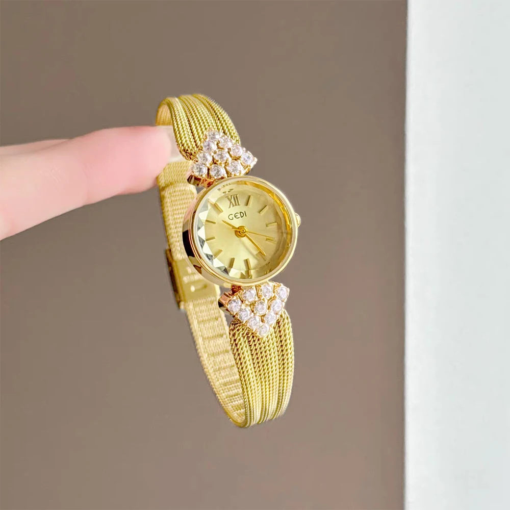 GEDI Watch Gold Silver Diamond Inlaid Steel Strip Women's Wristwatch Vintage Niche Light Luxury Temperament Quartz Watch Woman