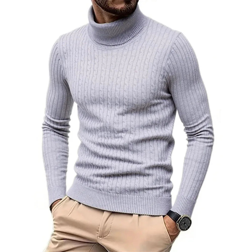 Autumn Winter Men's Turtleneck Sweater Warm Slim Fit Knitted Pullover Jacquard Striped Cozy Soft Knitwear Basic Style.
