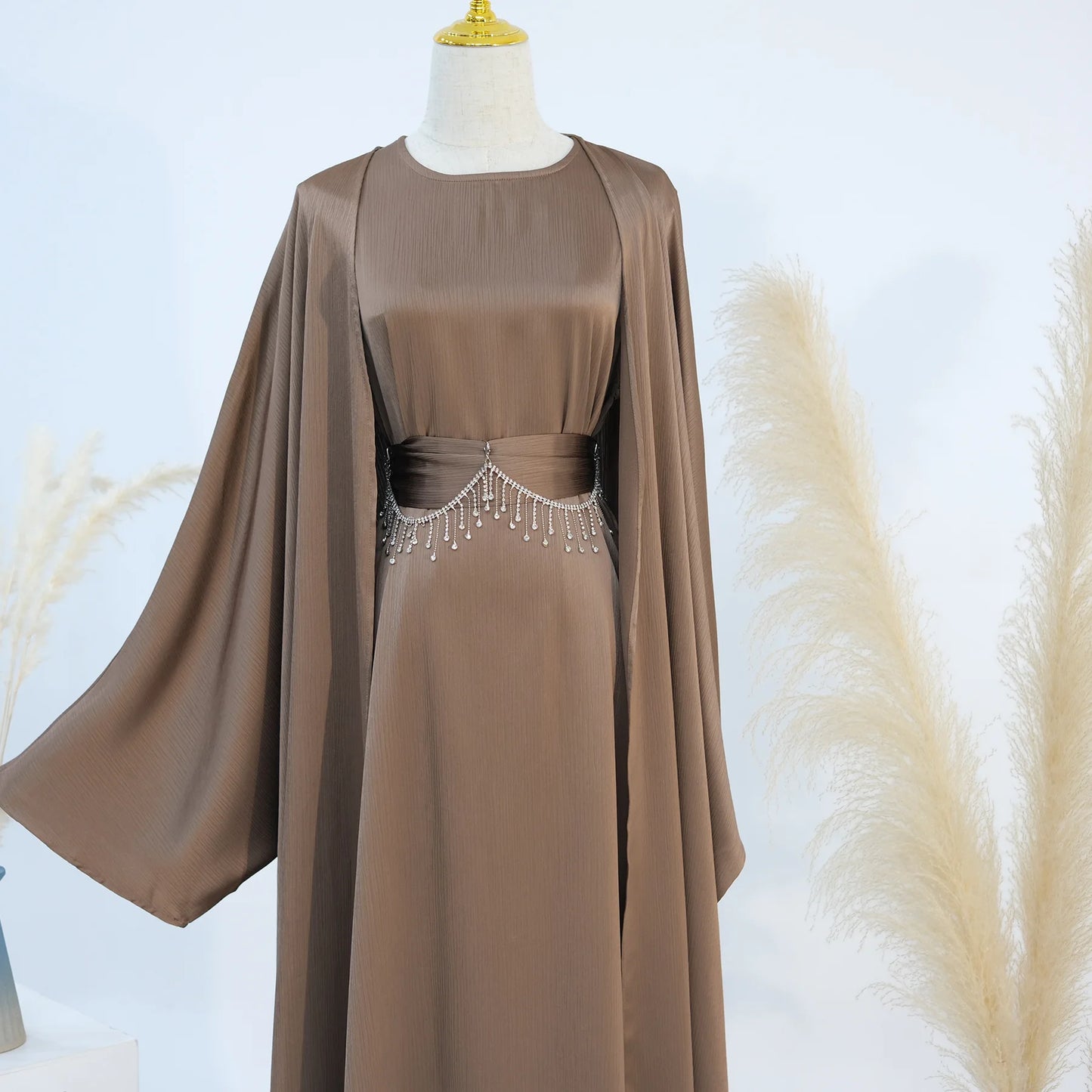 Ramadan Muslim Women 2 Piece Set with Chain Party Dresses Abaya Eid Jalabiya Sashes Diamond Morocco Dubai Kaftan Cardigan Robe