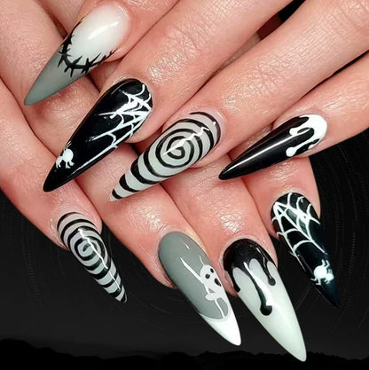 24pcs Glitter Pink Sequins Fake Nails 2025 Halloween Scary Skull Love Print False Nails Wearable European Ballet Press on Nails