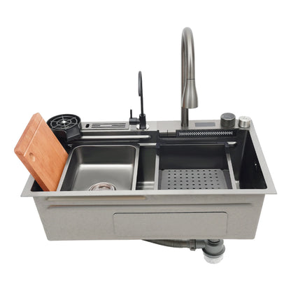 Küchenspüle aus Edelstahl mit ausziehbarem Wasserhahn, Wasserfallspüle mit Digitalanzeige, multifunktionale Küchenspüle für die Arbeitsstation