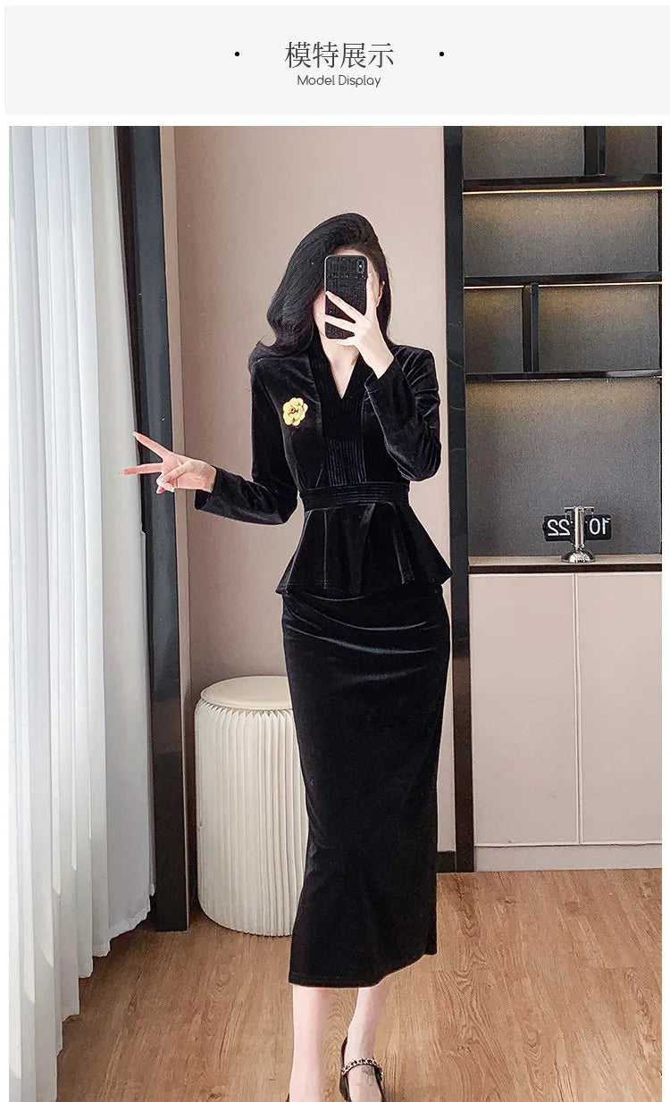 VigoAnne 2025 Solid V Neck Velvet 2 Piece Set Woman Long Sleeve High Waist Skirt Suits Lady Spring Autumn Korean Long Dress Suit.
