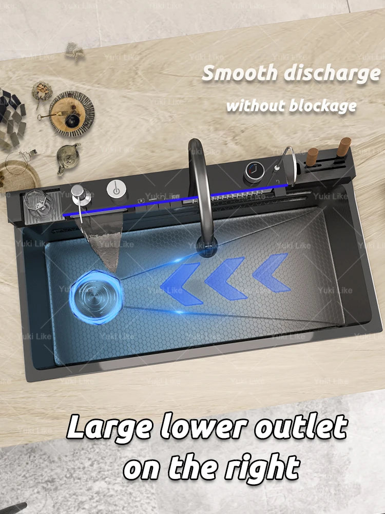 Waterfall Stainless Steel Kitchen Sink Intelligent Digital Display Faucet Large Single Slot Dishwash Bowl Wash Vegetables Basin