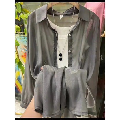 1pcs Woman Four Seasons Shirt Lady Thin Sunscreen Shirts Female Casual Long Sleeve Turn-down Collar Loose Med-Length Style Tops