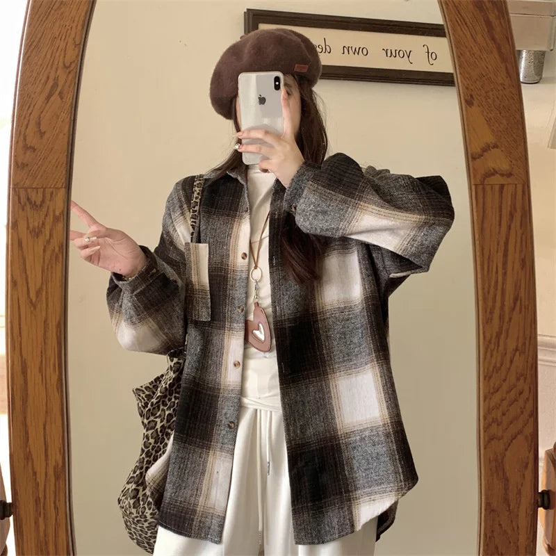 Zjaiss Women Thick Woolen Plaid Blouse Loose Long Sleeved Tops 2025 Autumn Winter New Casual Shirt Long Shirts