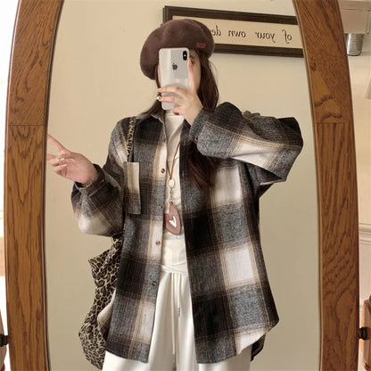 Zjaiss Women Thick Woolen Plaid Blouse Loose Long Sleeved Tops 2025 Autumn Winter New Casual Shirt Long Shirts