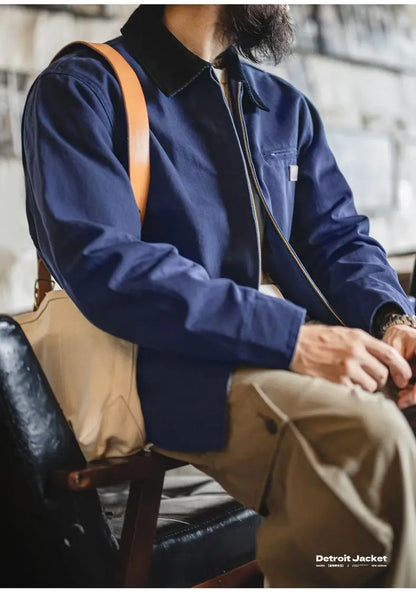 Maden Men's Retro J001 Detroit Jacket Heavyweight Canvas Hunting Coat Lapel Collar Work Jackets with Zipper for Spring Fall