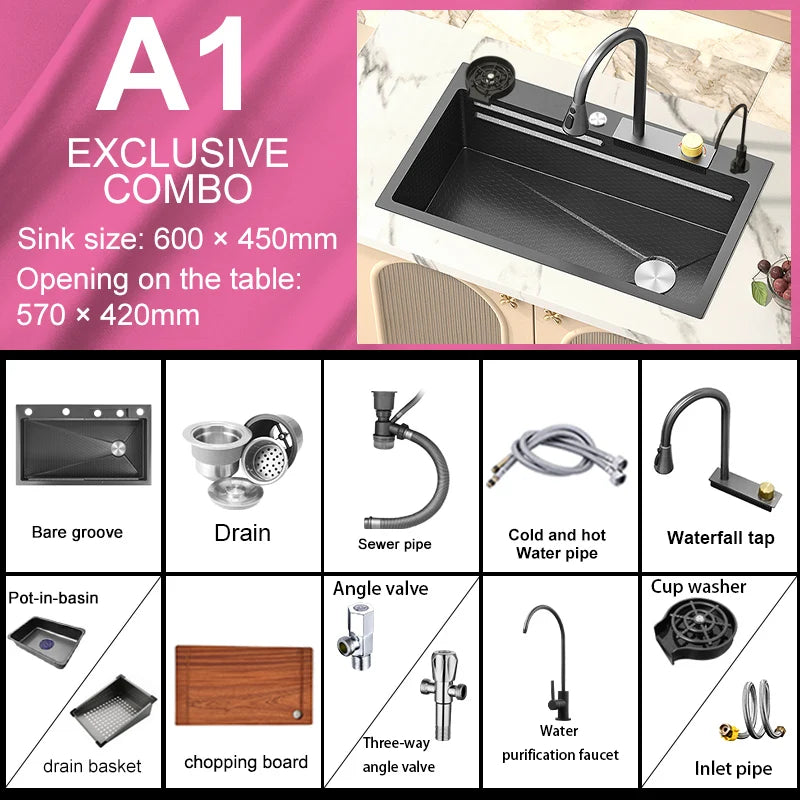 Stainless Steel Waterfall Kitchen Sink New With Draining Rack Digital Display Large Single Slot Dishwashing Sinks Wash Bowl