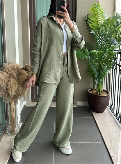 Casual Loose Shirt And Pants Two Piece Sets Women Fashion Solid Long Sleeve Shirts Outfits Autumn Winter Wide Leg Pants Sets