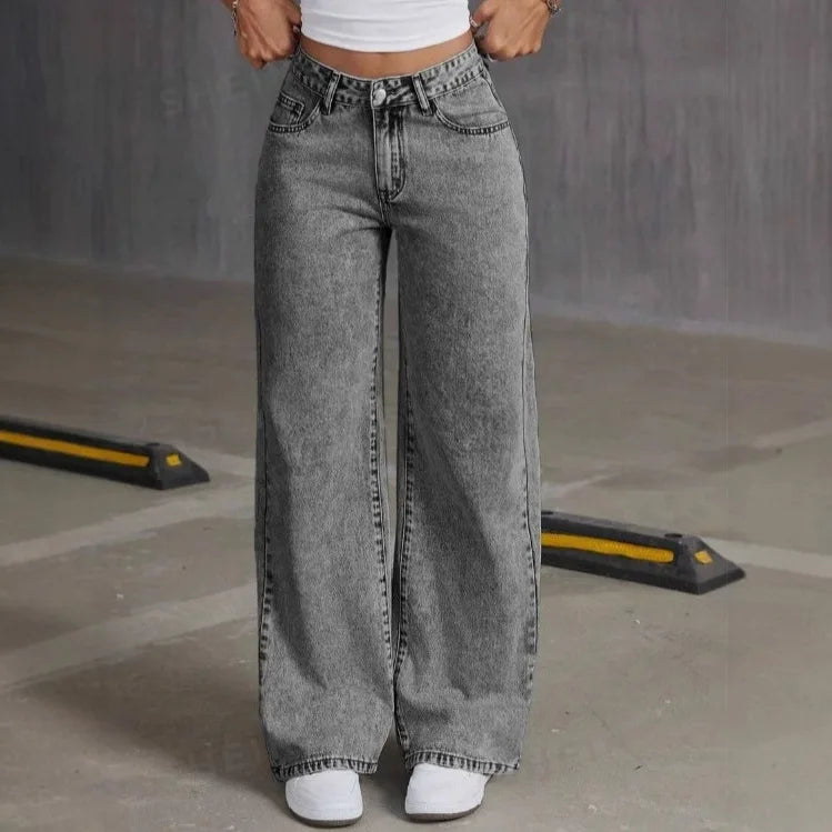 Jean Straight Pants Women Denim Washed Jeans Full Length Mom Embroidery Pockets Loose High Waist Vintage Zipper Fly Spliced.