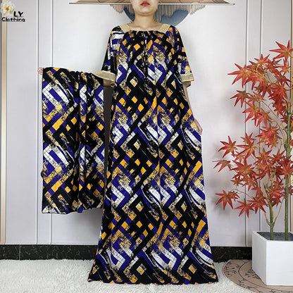 New Muslim Dress Woman Short Sleeve Dashiki African Abaya Tie-dyed Printing Cotton Loose Femme Robe Islamic Dresses With Scarf