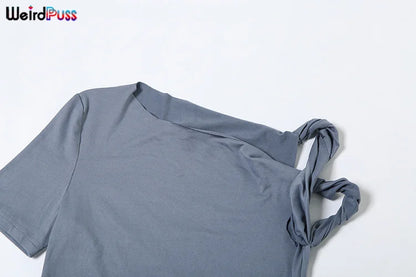 Weird Puss Irregular Knot Women 2 Piece Sets Stretch Casual Short Sleeve Tank Tops+Flare Pants Matching Outfits Slim Streetwear.