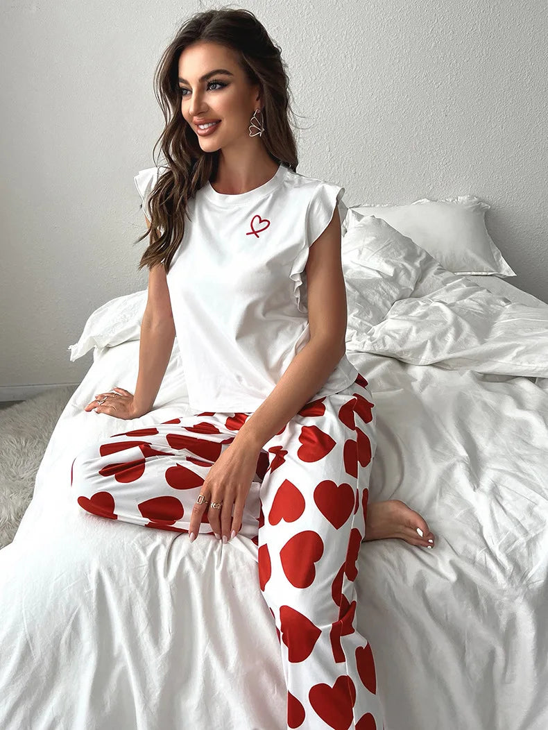 2024 White T-Shirt Women's Pajama Set Sexy Fly Sleeve Vest Pants Sleepwear Heart Print Casual Pyjamas Loungewear Spring 2-piece.