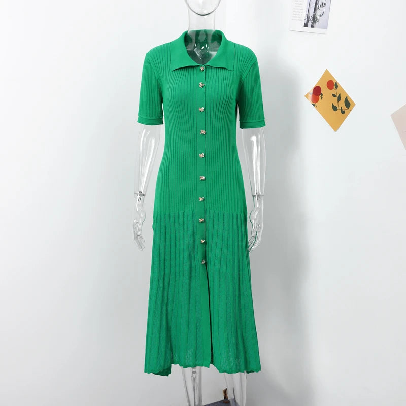 Frauen solide plissierte Saum Patchwork langes Kleid elegante Rundhals ausschnitt kurze Ärmel einreihige Dame Roben 2024 Sommer Streetwear.