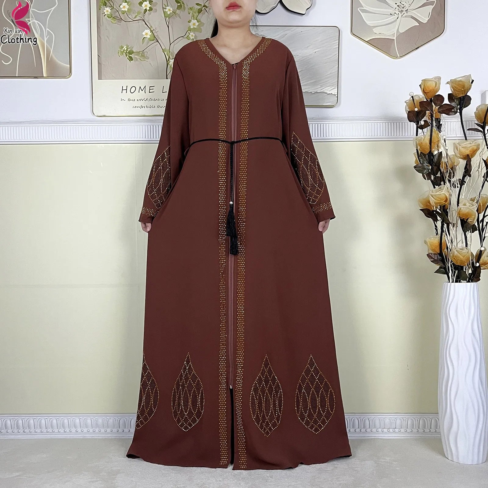 New Dubai Women Elegant Dress Diamonds Chiffon Open Abaya with Zipper Islamic Turkey Clothing Women Muslim Party Evening Dress.