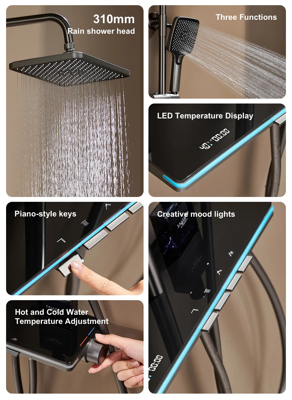VGX LED Digital Shower System Modern Bathroom Temperature Display Shower Faucet Set Rainlfall Bathroom Mixer Bidet Shower Set