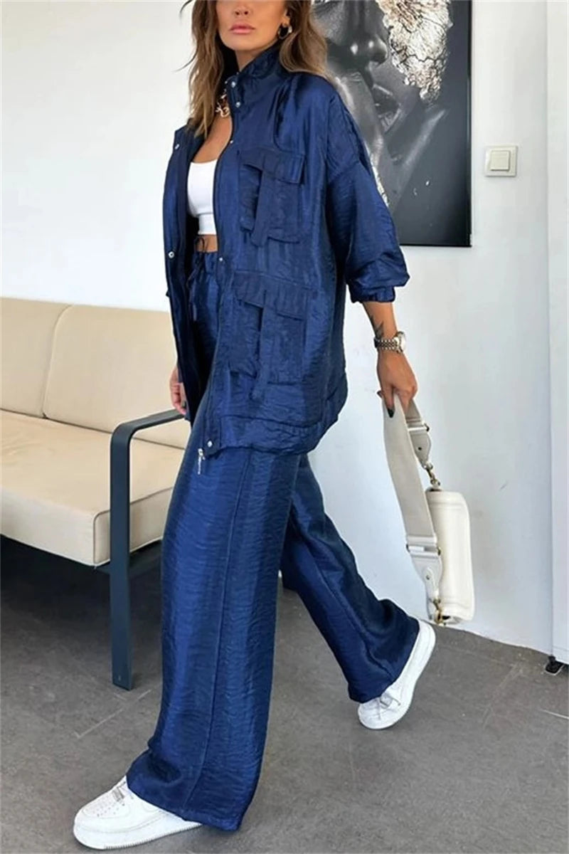 Streetwear 2 Piece Sets Women Outfit Spring Clothes Women 2025 Solid Pocket Jacket Top and Pant Sets Safari Style Tracksuits Set.