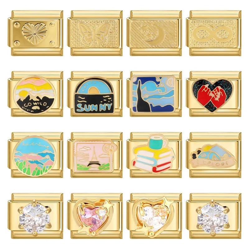 New Fashion 9mm 15 Style Italian Modular Charm Bracelet Fashionable Leisure Holiday Scenery Literary Modular Elastic Bracelet.