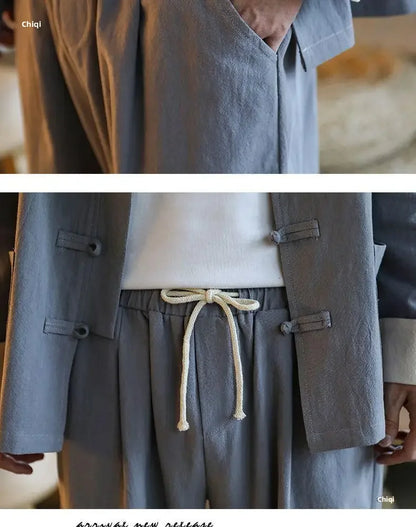 Traditional Chinese Men's Tang Suit Cotton Linen Ancient Costume Tea Servant Zen Meditation Clothing Middle Mountain Hanfu.