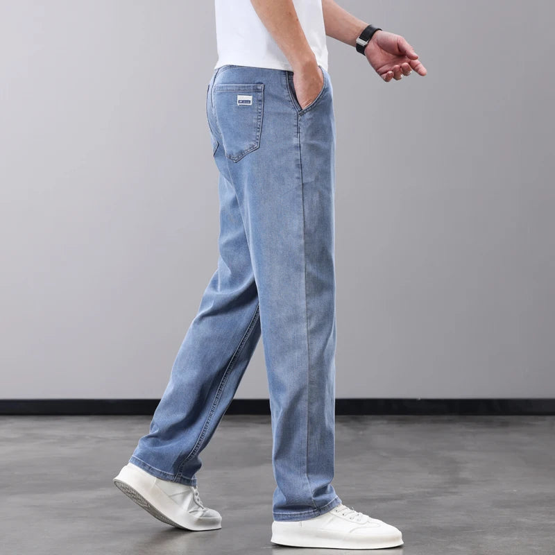 Summer Thin Men's Jeans Lyocell Fabric Soft Breathable Straight Denim Pants Brand Man Elastic Ice Silk Casual Trousers Grey Blue