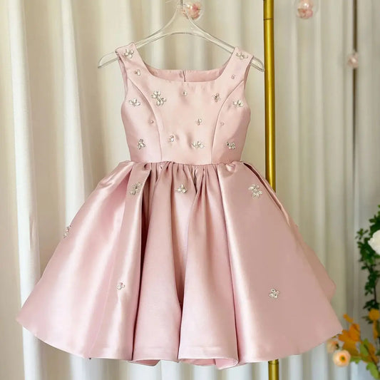 Luxus-Kleider für Kinder, rosa Satin-Prinzessinnenkleid für Mädchen, Klavieraufführung, formeller Abschlussball, Party, Geburtstag, Hochzeit, geschwollenes Kleid