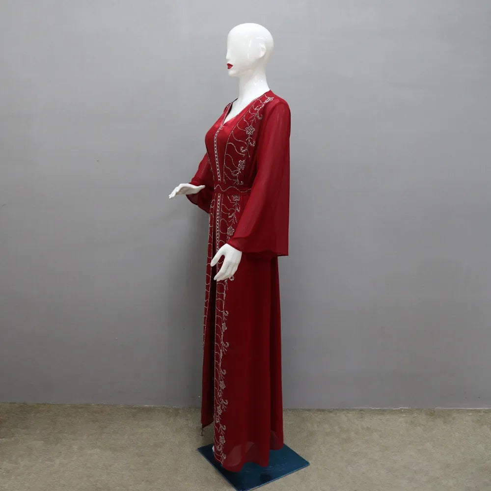 Muslim Set Dress Women Four-season Commute Muslim Set Fashion Party Dubai Turkey Long Sleeve Chiffon Cardigan Dress and Vest 2ps