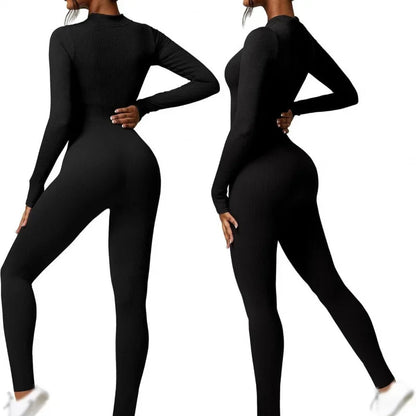 Seamless Long Sleeve Yoga Suit Waist-Fitted Shaping Trousers Casual Sports One-Piece Zippered Fitness Wear.