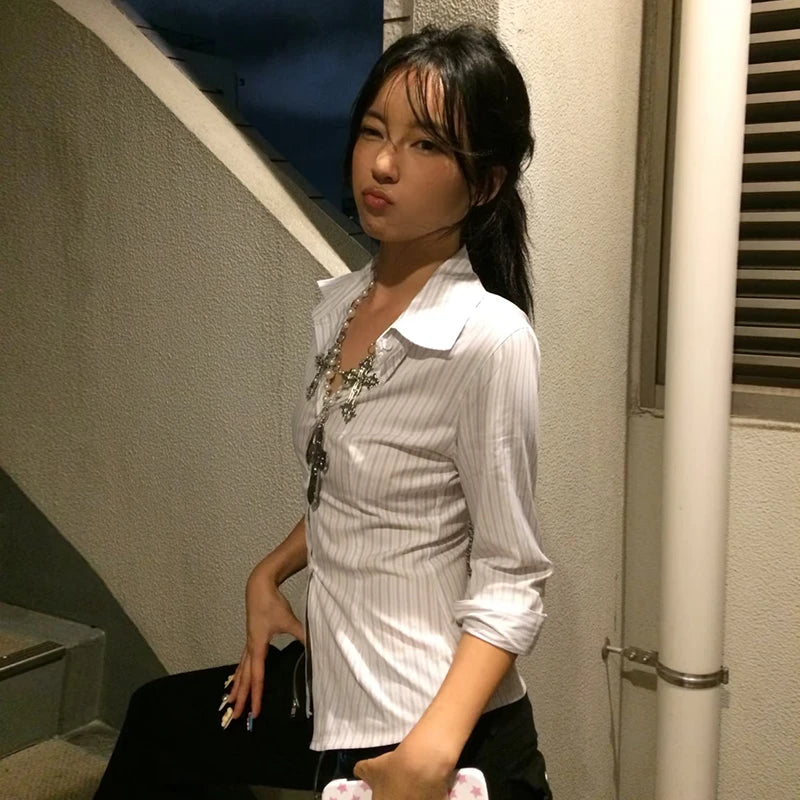 Genayooa Korean Style Casual Shirt Women Three Quarter Striped Shirts 2000s Japanese Y2k Vintage Tops Slim Retro Shirts Summer.