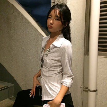 Genayooa Korean Style Casual Shirt Women Three Quarter Striped Shirts 2000s Japanese Y2k Vintage Tops Slim Retro Shirts Summer.