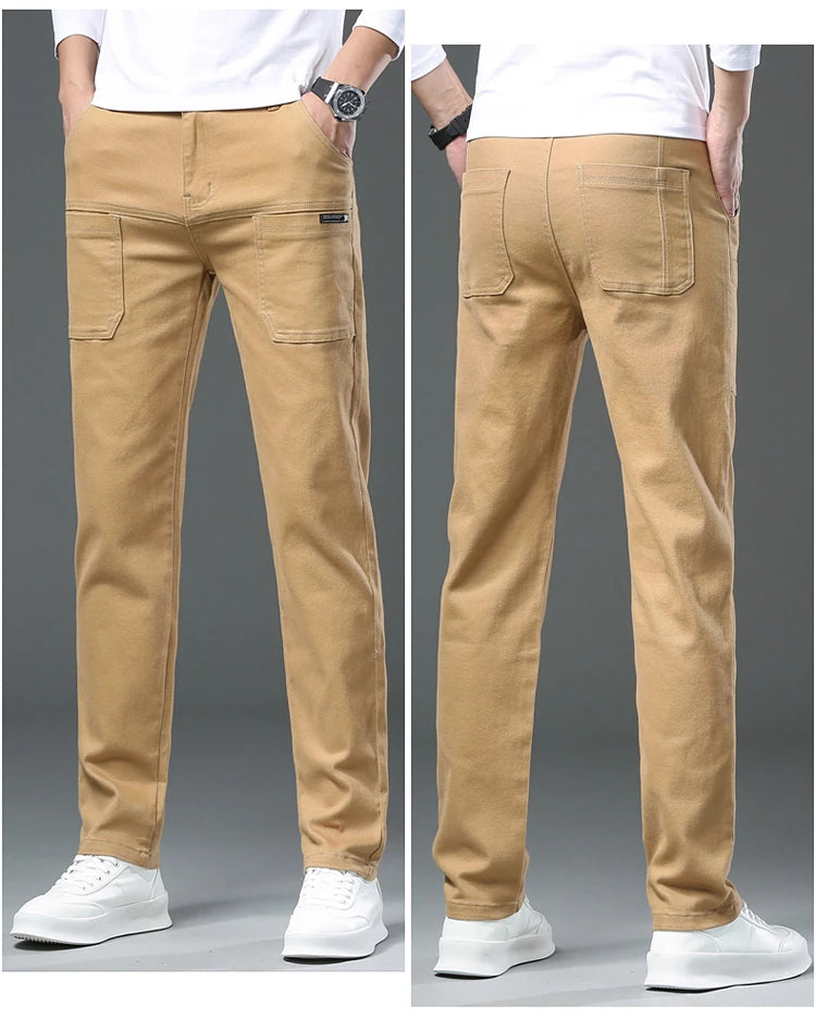 Spring and Autumn Men's Multi-Pocket Design Jeans Fashionable and Versatile White Khaki Red Comfortable Stretch Denim Pants.